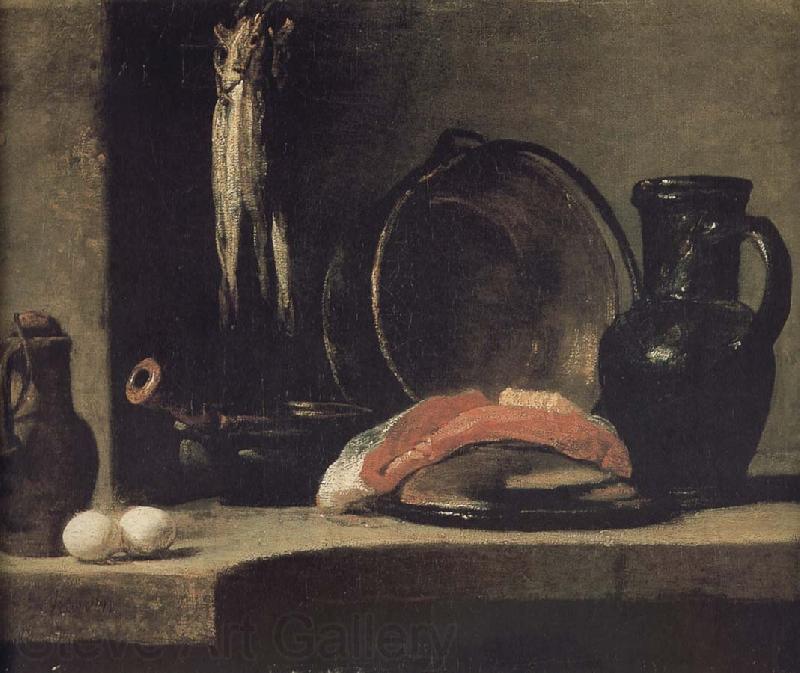 Jean Baptiste Simeon Chardin Watering can two egg earthenware cooking pot three yellow eye monkshood fish copper clepsydra fish fillet and jar France oil painting art